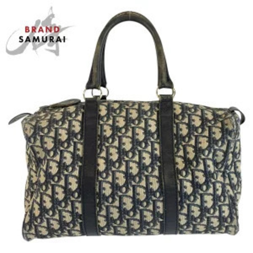 Christian Dior Trotter Navy Blue Canvas Leather Handbag Boston Bag